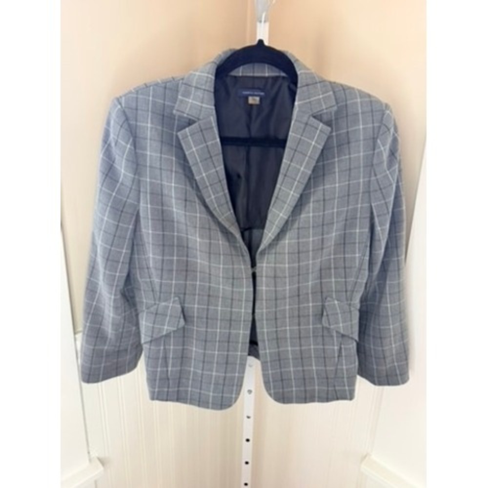 Tommy Hilfiger Peplum Windowpane Plaid Blazer Grey White Size 12